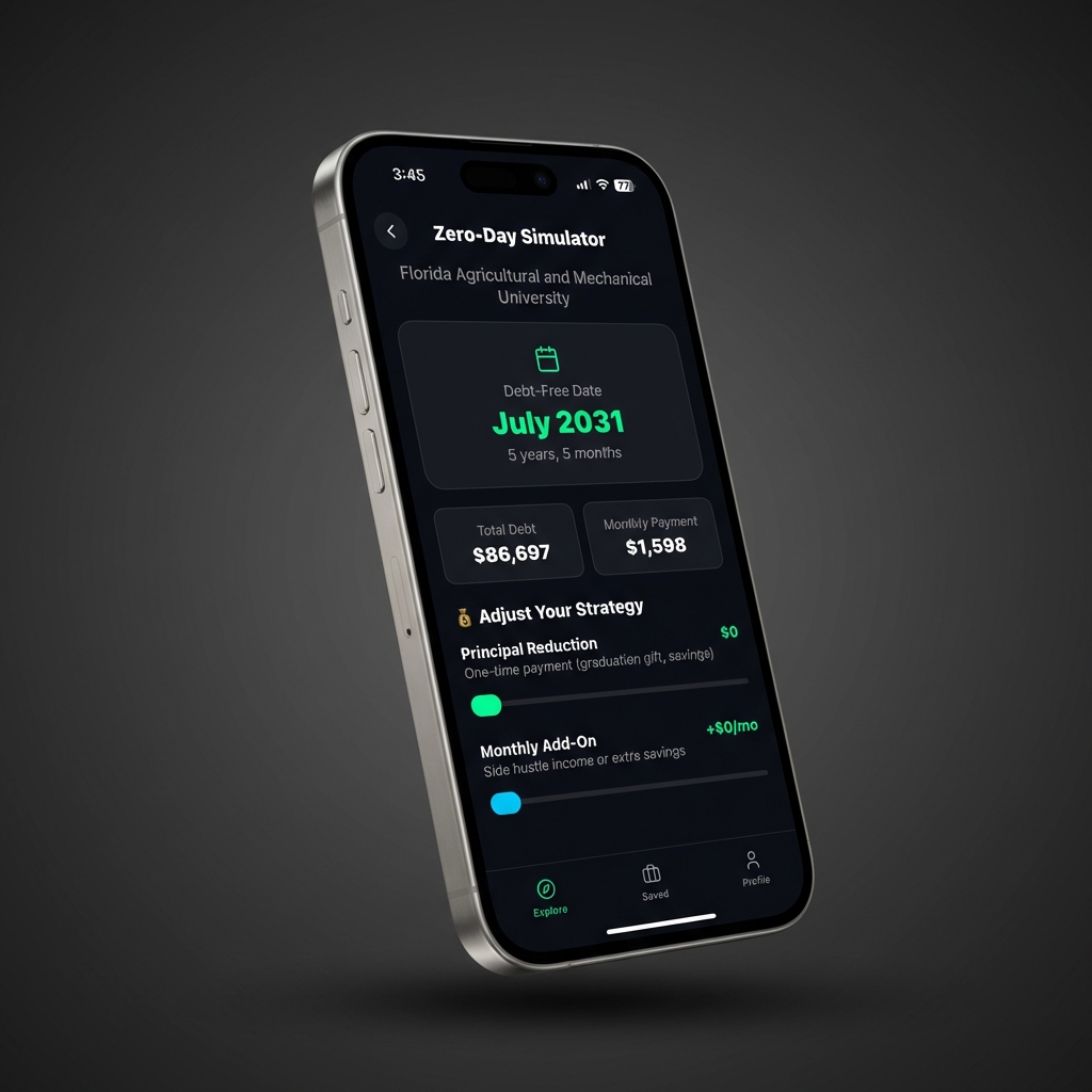 Compass Zero-Day Simulator showing debt-free date projection